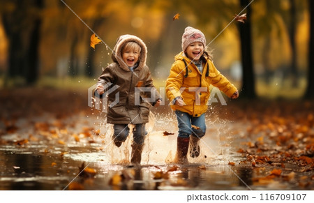 Against the backdrop of a rainy autumn day, two adorable little girls joyfully dash through puddles, their laughter echoing the pure delight of carefree childhood adventures.Generated image 116709107