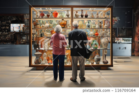 Elderly couple celebrates their wedding anniversary with joy and romance, sharing a tender moment while exploring a photography exhibition, a testament to their enduring love and cherished years 116709164