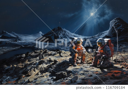 A group of modern astronauts is depicted exploring the hazardous surface of the moon in outer space, showcasing the daring mission of discovery and adventure in lunar exploration.Generated image A group of modern astronauts is depicted exploring the hazardous surface of the moon in outer space, showcasing the daring mission of discovery and adventure in lunar exploration.Generated image 116709184