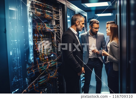 A group of engineers engages in a discussion about technical issues while situated in a modern server room, collaborating to find solutions and ensure the smooth operation of the technology 116709310