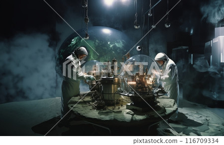 Astronomical team delves into the exploration of Mars, meticulously studying Martian terrain and conducting cosmic research within the confines of their laboratory, symbolizing the ongoing quest for 116709334