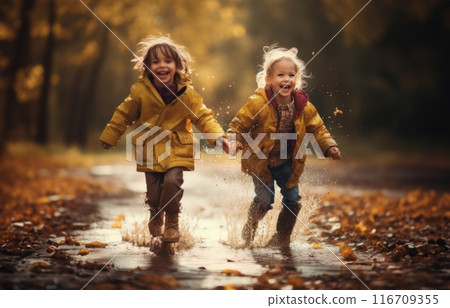 Against the backdrop of a rainy autumn day, two adorable little girls joyfully dash through puddles, their laughter echoing the pure delight of carefree childhood adventures.Generated image 116709355