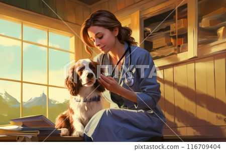A modern veterinarian provides compassionate care to a beautiful dog in her clinic, offering expert medical assistance, comfort, and support to ensure the animal's health and well-being.Generated 116709404