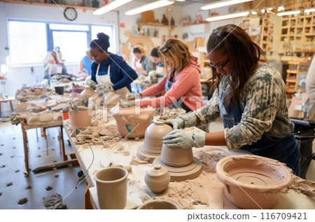 A diverse group of people come together to learn the art of pottery-making in a workshop, receiving instruction and guidance on sculpting clay into various vessels and forms.Generated image A diverse group of people come together to learn the art of pottery-making in a workshop, receiving instruction and guidance on sculpting clay into various vessels and forms.Generated image 116709421