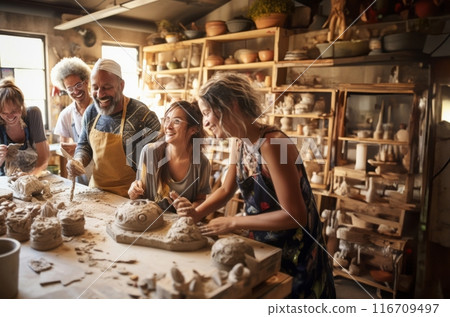 A diverse group of people come together to learn the art of pottery-making in a workshop, receiving instruction and guidance on sculpting clay into various vessels and forms.Generated image 116709497