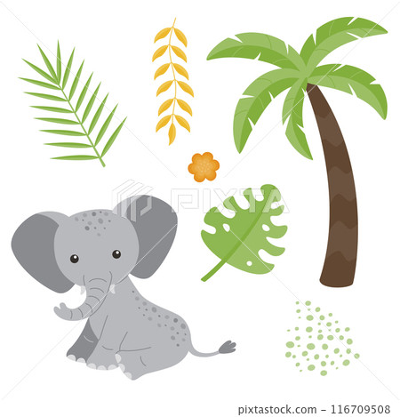 Cute childrens animals set isolated on a white background  elephant, palm tree, liana, leaves. Flat vector illustrations for children. 116709508