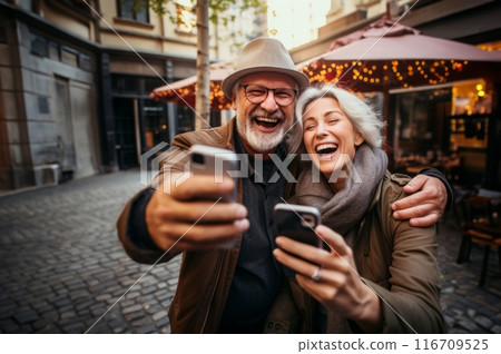 Elderly modern couple captures a selfie against the backdrop of the urban cityscape, seamlessly blending ageless connection with the vibrancy of city life.Generated image 116709525