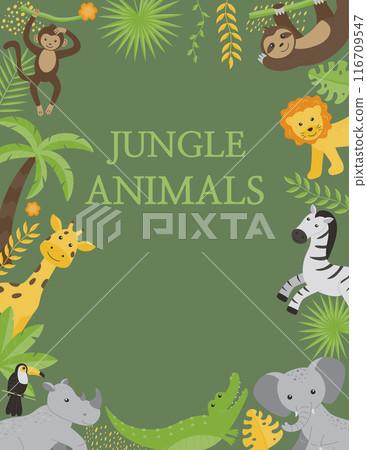 Poster of wild jungle animals - giraffe, elephant, zebra, rhinoceros, toucan, monkey, sloth, lion, crocodile. Flat vector illustrations for children. 116709547