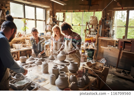 A diverse group of people come together to learn the art of pottery-making in a workshop, receiving instruction and guidance on sculpting clay into various vessels and forms.Generated image 116709560