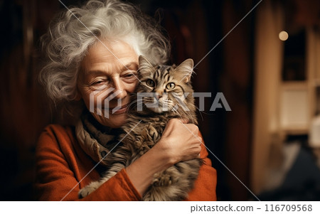 An elderly woman is captured in a heartwarming embrace with her cat, showcasing the deep bond of love, companionship, and contentment between them.Generated image 116709568