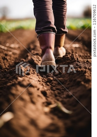 Sowing the Seeds: Farmer's Feet in the Springtime Field 116709612