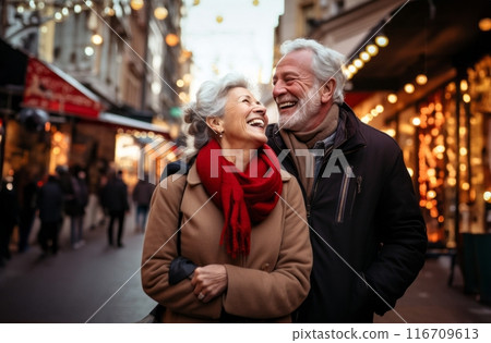 In the heart of the city, this senior couple shares a romantic stroll, immersed in the urban charm, capturing the timeless essence of their enduring love amidst the bustling streets.Generated image 116709613
