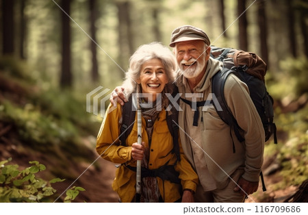 An elderly couple blissfully plans their day in nature, savoring the serenity of their golden years.Generated image 116709686