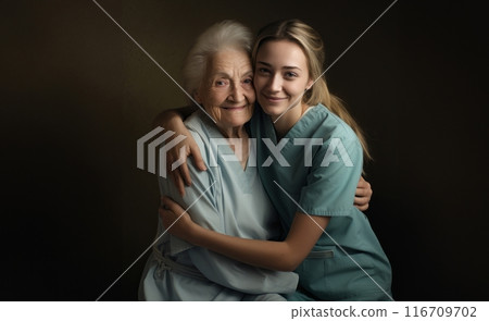 A symbolic portrayal depicts a nursing sister providing compassionate care to an elderly lady in a nursing home, offering not just medical assistance but also warm conversation and a comforting 116709702