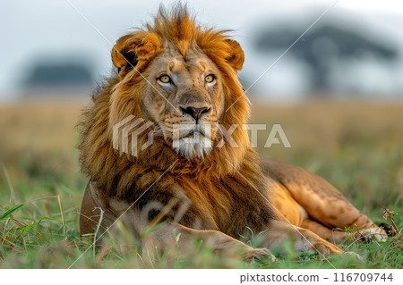 Lion resting in savannah at sunset. 116709744