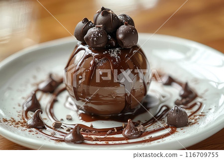Gourmet chocolate dessert elegantly presented on the plate. 116709755