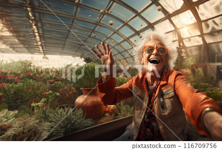 A cheerful elderly woman breathes life into primitive organisms in a green room on Mars, showcasing the joy and vibrancy of extraterrestrial horticulture and the exploration of new frontiers.Generated 116709756