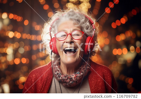 In a serene moment of auditory bliss, an elderly woman immerses herself in the modern vibes of music, donning headphones to savor the harmonious vibrations of contemporary tunes.Generated image In a serene moment of auditory bliss, an elderly woman immerses herself in the modern vibes of music, donning headphones to savor the harmonious vibrations of contemporary tunes.Generated image 116709782
