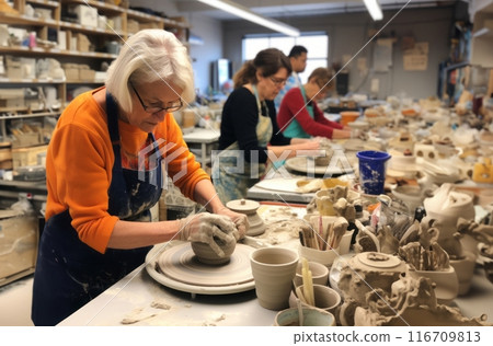 A diverse group of people come together to learn the art of pottery-making in a workshop, receiving instruction and guidance on sculpting clay into various vessels and forms.Generated image A diverse group of people come together to learn the art of pottery-making in a workshop, receiving instruction and guidance on sculpting clay into various vessels and forms.Generated image 116709813