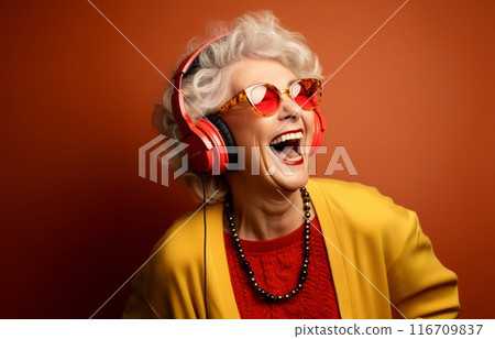 Modern older woman enjoys vibrant music with headphones, embracing technological comfort in her colorful isolation.Generated image 116709837
