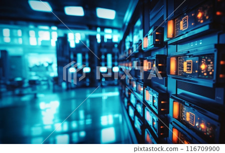 A close-up photograph showcases modern blue computers in a server room, illustrating the technological infrastructure of data management and communication networks.Generated image 116709900