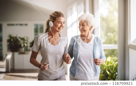 A symbolic portrayal depicts a nursing sister providing compassionate care to an elderly lady in a nursing home, offering not just medical assistance but also warm conversation and a comforting 116709921