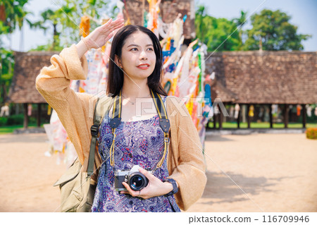 Wat Ton Kwen, Beautiful Asian female Photographer Travel Temple in Chiangmai Province Northern of Thailand. Wat Ton Kwen, Beautiful Asian female Photographer Travel Temple in Chiangmai Province Northern of Thailand. 116709946