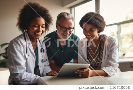 A racially diverse team of doctors collaborates using modern tablet technology to review medical findings in a multicultural and inclusive healthcare setting.Generated image 116710008