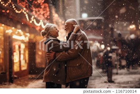 Elderly married couple revels in romantic embrace amidst the snowy streets of the city, capturing the magic of winter and the enduring warmth of their love during the festive season.Generated image Elderly married couple revels in romantic embrace amidst the snowy streets of the city, capturing the magic of winter and the enduring warmth of their love during the festive season.Generated image 116710014