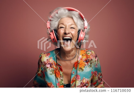 Modern older woman enjoys vibrant music with headphones, embracing technological comfort in her colorful isolation.Generated image 116710030