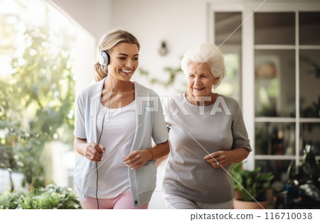 A symbolic portrayal depicts a nursing sister providing compassionate care to an elderly lady in a nursing home, offering not just medical assistance but also warm conversation and a comforting 116710038