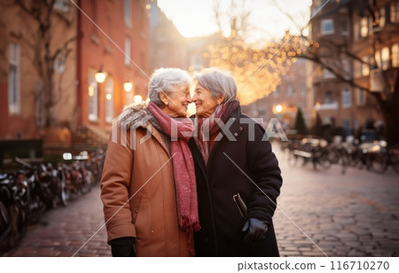 Elderly LGBT couple embraces the winter magic, reveling in joy and love as they enjoy moments of togetherness amidst the enchanting winter scenery Elderly LGBT couple embraces the winter magic, reveling in joy and love as they enjoy moments of togetherness amidst the enchanting winter scenery 116710270