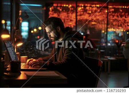 In this ominous snapshot, a hacker orchestrates digital mayhem using a laptop in a dimly lit office, embodying the clandestine world of cyber threats.Generated image 116710293