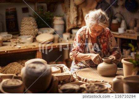 Elderly woman masterfully practices the ancient craft of pottery, molding glistening clay into exquisite creations in her traditional workshop, embodying the timeless artistry of handmade ceramics 116710294