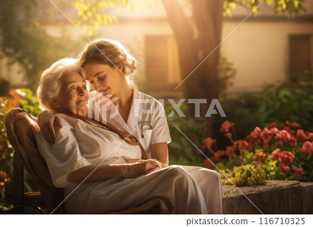 A symbolic portrayal depicts a nursing sister providing compassionate care to an elderly lady in a nursing home, offering not just medical assistance but also warm conversation and a comforting 116710325