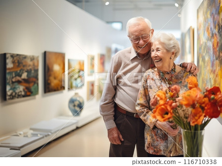 Elderly couple celebrates their wedding anniversary with joy and romance, sharing a tender moment while exploring a photography exhibition, a testament to their enduring love and cherished years 116710338