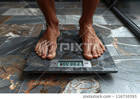 Male feet on the digital weight scales. 116710393