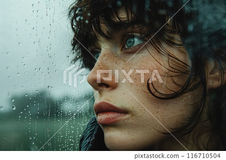 Pensive young woman in front of rainy window. 116710504