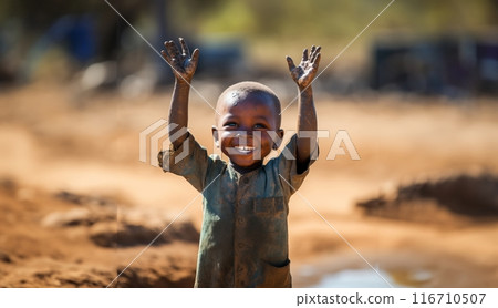 An African-American child gleefully plays with water in a hard-to-reach location in African countries, embodying joy, curiosity, and resilience in the face of challenging access to resources.Generated An African-American child gleefully plays with water in a hard-to-reach location in African countries, embodying joy, curiosity, and resilience in the face of challenging access to resources.Generated 116710507