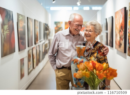 Elderly couple celebrates their wedding anniversary with joy and romance, sharing a tender moment while exploring a photography exhibition, a testament to their enduring love and cherished years Elderly couple celebrates their wedding anniversary with joy and romance, sharing a tender moment while exploring a photography exhibition, a testament to their enduring love and cherished years 116710509