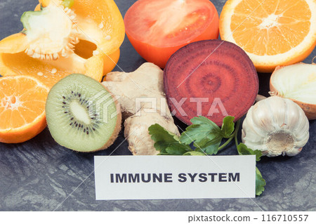 Inscription immune system with fruits and vegetables. Source vitamins, minerals and dietary fiber Inscription immune system with fruits and vegetables. Source vitamins, minerals and dietary fiber 116710557