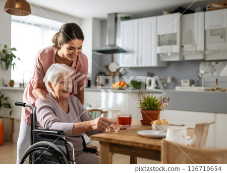 A symbolic portrayal depicts a nursing sister providing compassionate care to an elderly lady in a nursing home, offering not just medical assistance but also warm conversation and a comforting 116710654
