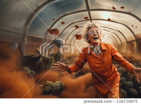 A cheerful elderly woman breathes life into primitive organisms in a green room on Mars, showcasing the joy and vibrancy of extraterrestrial horticulture and the exploration of new frontiers.Generated 116710675