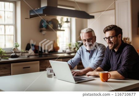 In this cozy home scene, an elderly man and his adult son bond over laptop use, blending technology and family connection.Generated image 116710677