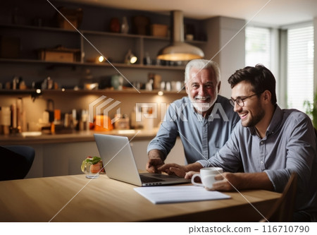In this cozy home scene, an elderly man and his adult son bond over laptop use, blending technology and family connection.Generated image In this cozy home scene, an elderly man and his adult son bond over laptop use, blending technology and family connection.Generated image 116710790