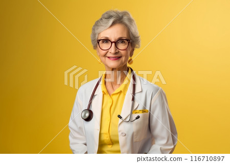 A modern senior doctor, isolated against a vibrant yellow background, radiates confidence and professionalism through her warm smile, symbolizing the self-assured expertise and positive demeanor of 116710897