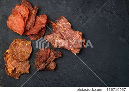 Mix of dried meat Jerky . From chicken , beef and pork. Mix of dried meat Jerky . From chicken , beef and pork. 116710967