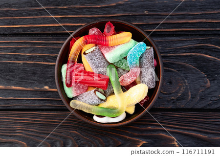 Mix of colorful gummy candies . Sweet dessert Mix of colorful gummy candies . Sweet dessert 116711191