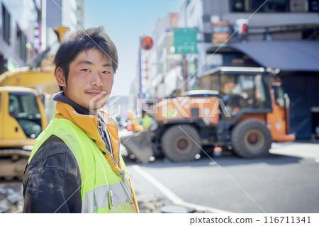 AI-generated image: Portrait of a young Japanese man working at a construction site 116711341