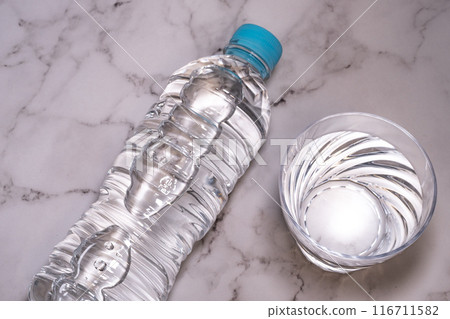 Heat stroke prevention, a cup and a plastic bottle of water Heat stroke prevention, a cup and a plastic bottle of water 116711582